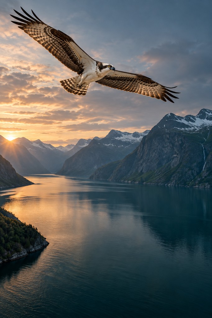 An osprey gliding over a quiet fjord