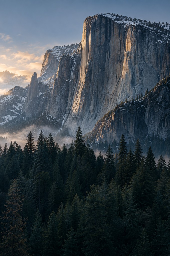 Granite cliffs above evergreen forest